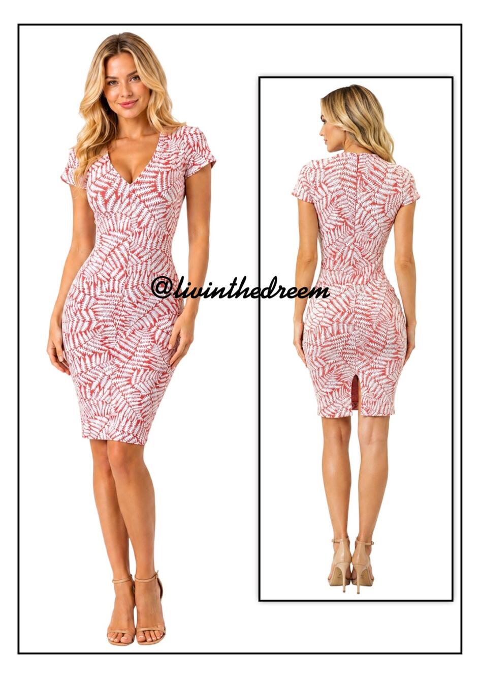 Michael Kors Red & White Palm Leaf Print V-Neck Midi Dress SZ XS